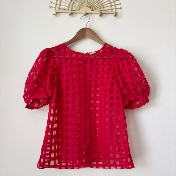 English Factory Tops - English Factory Puff Sleeve Windowpane Blouse Small Red